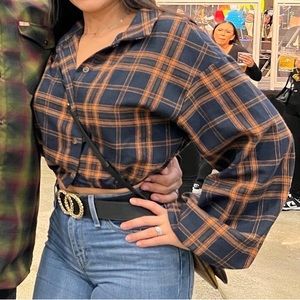 Blue and brown flannel-crop top
